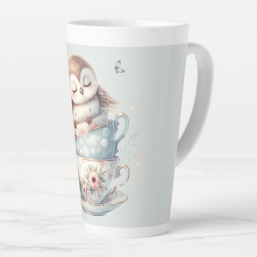 Sleeping Owl in Stacked Floral Teacups Latte Mok (Rechterhoek)