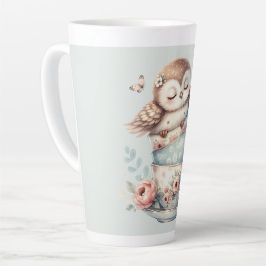 Sleeping Owl in Stacked Floral Teacups Latte Mok (Linkerhoek)