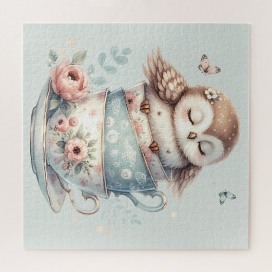 Sleeping Owl in Stacked Floral Teacups Legpuzzel (Horizontaal)
