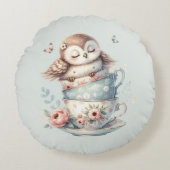 Sleeping Owl in Stacked Floral Teacups Rond Kussen (Voorkant)