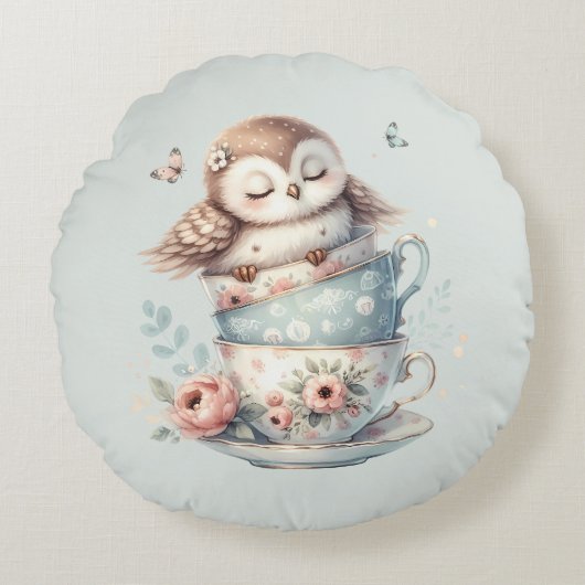 Sleeping Owl in Stacked Floral Teacups Rond Kussen (Voorkant)