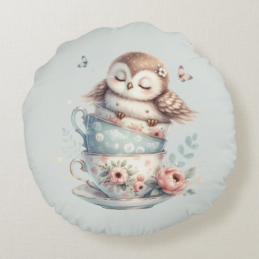 Sleeping Owl in Stacked Floral Teacups Rond Kussen (Achterkant)