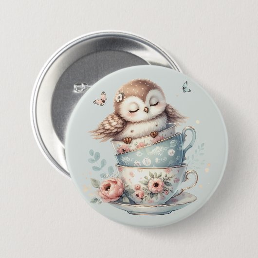 Sleeping Owl in Stacked Floral Teacups Ronde Button 7,6 Cm (Voorkant /achterkant)