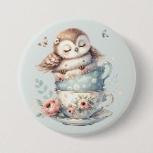 Sleeping Owl in Stacked Floral Teacups Ronde Button 7,6 Cm (Voorkant)