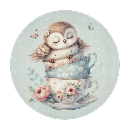 Sleeping Owl in Stacked Floral Teacups Snijplank (Voorkant)