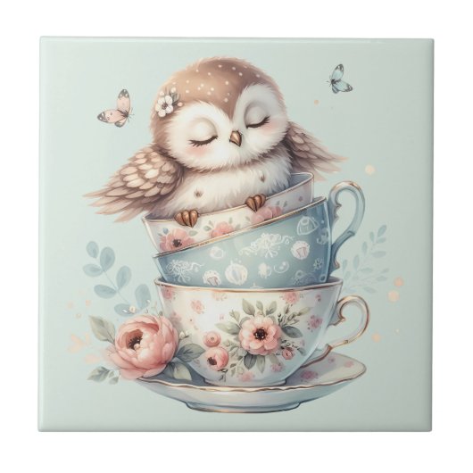 Sleeping Owl in Stacked Floral Teacups Tegeltje (Voorkant)