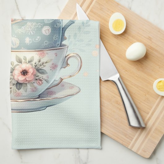Sleeping Owl in Stacked Floral Teacups Theedoek (Quarter Fold)