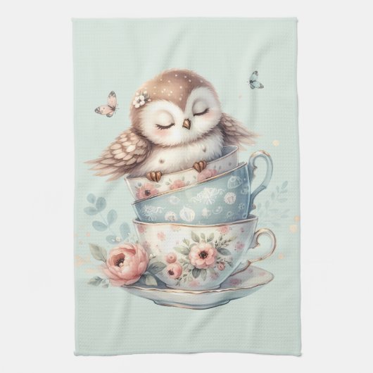Sleeping Owl in Stacked Floral Teacups Theedoek (Verticaal)