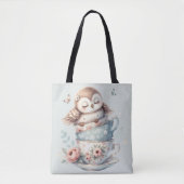 Sleeping Owl in Stacked Floral Teacups Tote Bag (Voorkant)