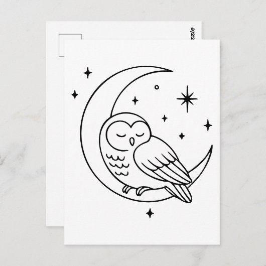 Sleeping Owl on Crescent Moon Line Art Briefkaart (Voorkant / Achterkant)