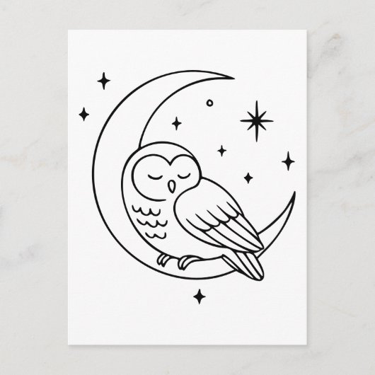 Sleeping Owl on Crescent Moon Line Art Briefkaart (Voorkant)