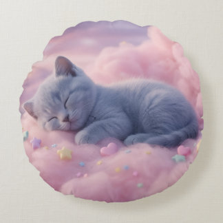 Sleeping Pastel Kitten on Fluffy Pink Clouds Art Rond Kussen