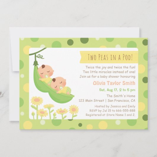 Sleeping Peas In A Pod Twin Baby shower Uitnodigt Kaart (Voorkant)