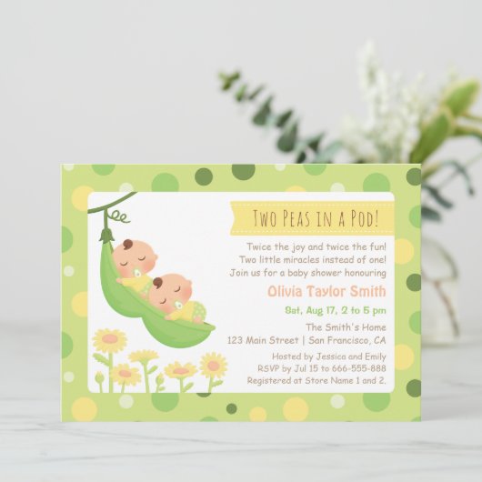 Sleeping Peas In A Pod Twin Baby shower Uitnodigt Kaart (Staand voorkant)