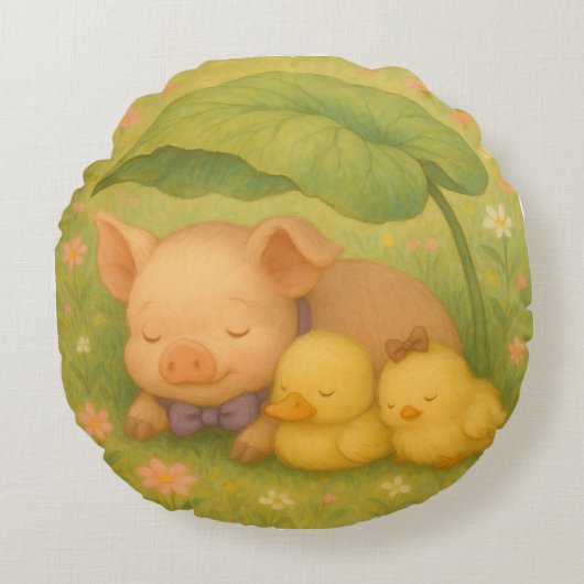 Sleeping Piglet and Ducklings, Waterverf van Nata Rond Kussen (Voorkant)