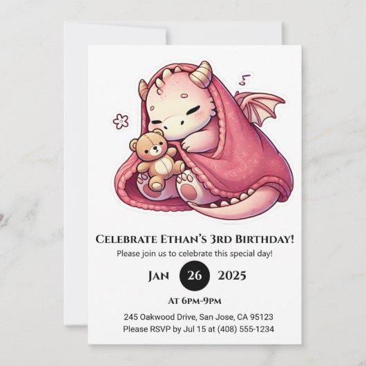 Sleeping Pink Baby Dragon with Teddy Birthday Kaart (Voorkant)