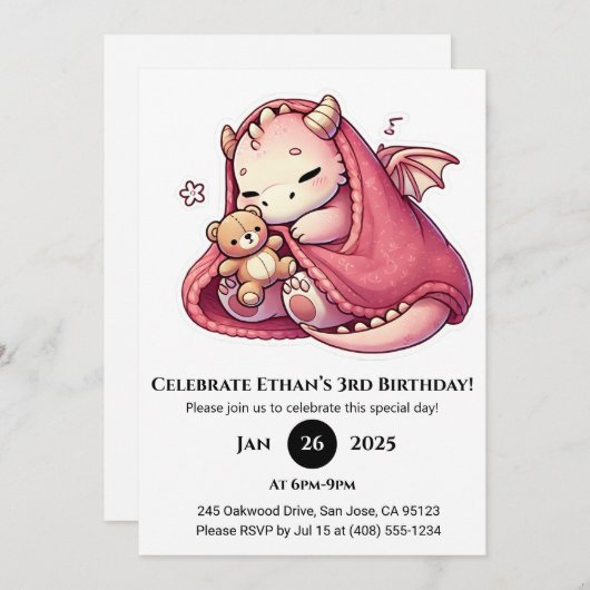 Sleeping Pink Baby Dragon with Teddy Birthday Kaart (Voorkant / Achterkant)