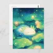 Sleeping White Axolotl in Magical Night Lotus Pond Briefkaart (Voorkant / Achterkant)