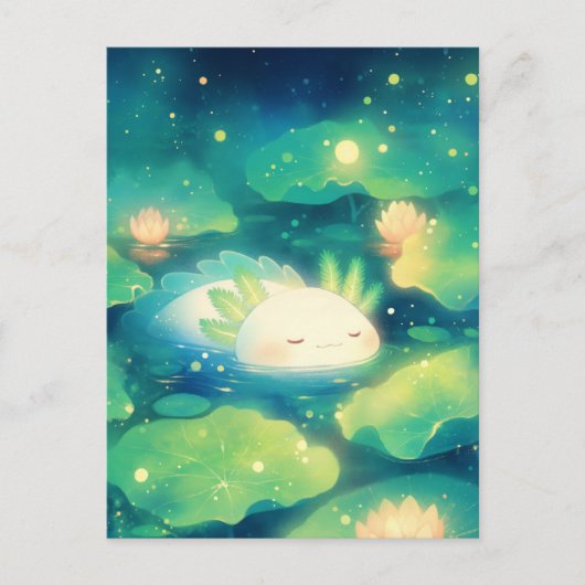Sleeping White Axolotl in Magical Night Lotus Pond Briefkaart (Voorkant)