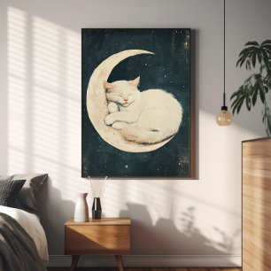 Sleeping White Cat on Crescent Moon beroemd gemaak Poster