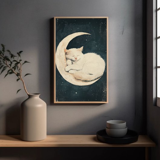 Sleeping White Cat on Crescent Moon beroemd gemaak Poster
