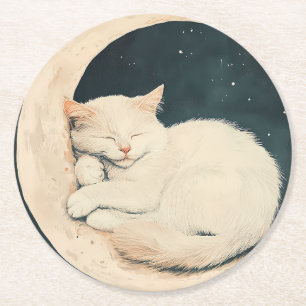 Sleeping White Cat on Crescent Moon beroemd gemaak Ronde Kartonnen Onderzetter