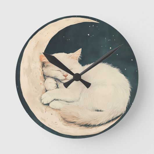 Sleeping White Cat on Crescent Moon beroemd gemaak Ronde Klok (Voorkant)