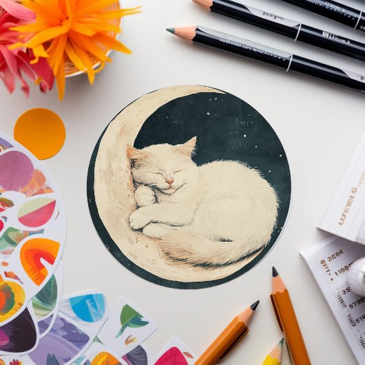 Sleeping White Cat on Crescent Moon beroemd gemaak Ronde Sticker