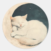 Sleeping White Cat on Crescent Moon beroemd gemaak Ronde Sticker (Voorkant)