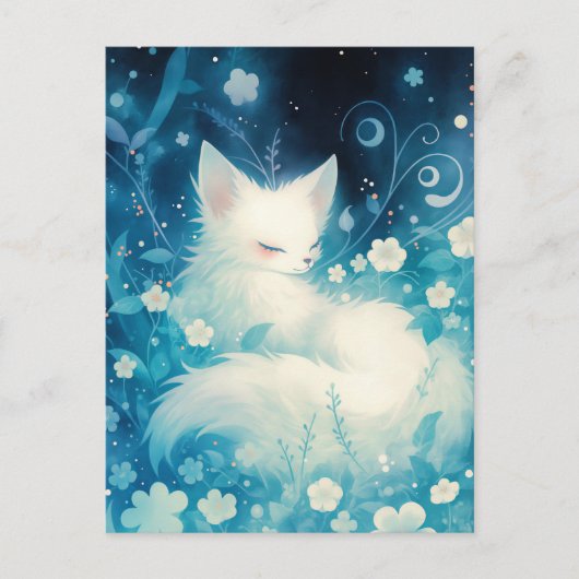 Sleeping White Fox in Blue Midnight Garden Briefkaart (Voorkant)