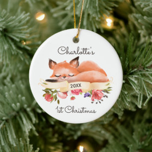 Sleeping Woodland Fox Aangepaste Baby's 1e mas Keramisch Ornament