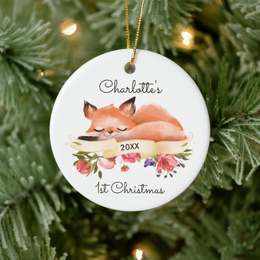 Sleeping Woodland Fox Aangepaste Baby's 1e mas Keramisch Ornament (Boom)