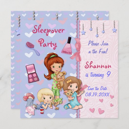 Sleepover Friends Slumber Verjaardagsfeest Save The Date (Voorkant / Achterkant)
