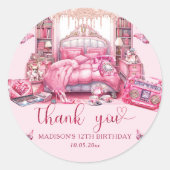 Sleepover Meisje Verjaardag Gepersonaliseerd Dank Ronde Sticker (Voorkant)