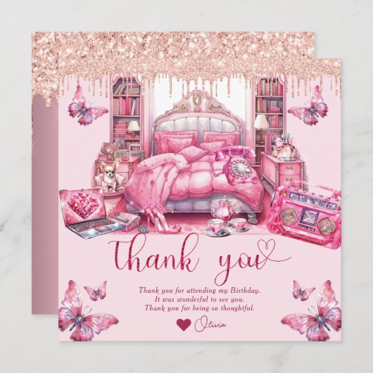 Sleepover Meisje Verjaardag Glitter Dropping Bedankkaart (Voorkant / Achterkant)