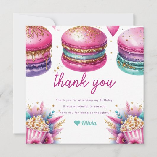 Sleepover Meisje Verjaardag Popcorn & Macarons Bedankkaart (Voorkant)
