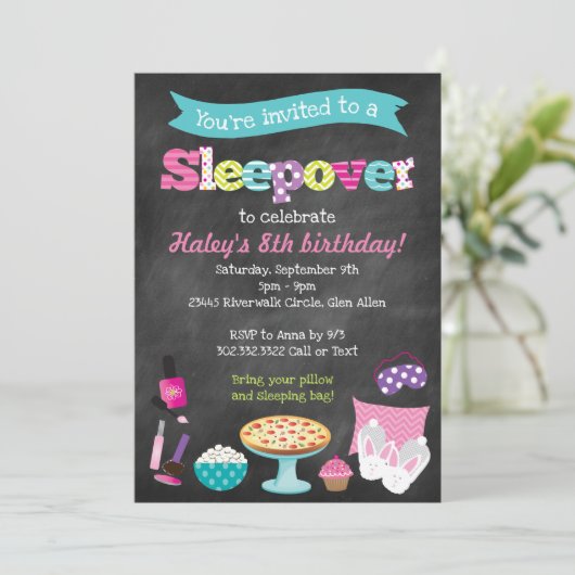 Sleepover Pajama Slumber Party Chalkboard Kaart (Staand voorkant)