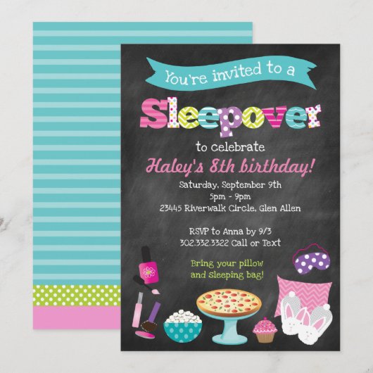 Sleepover Pajama Slumber Party Chalkboard Kaart (Voorkant / Achterkant)