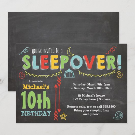Sleepover Party, Chalkboard en Vette kleuren Kaart (Voorkant / Achterkant)