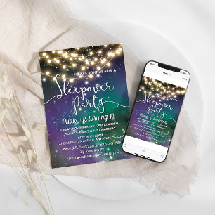 Sleepover Party Galaxy Blue Paarse Sterren Verjaar Kaart