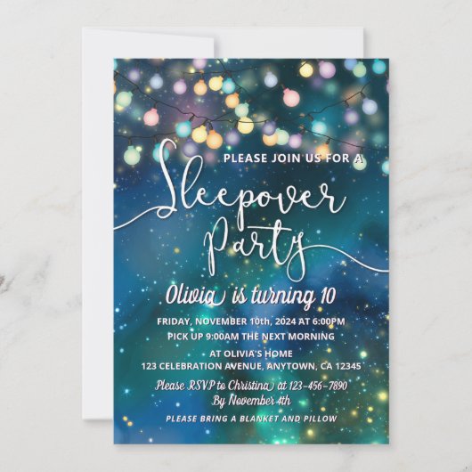 Sleepover Party Galaxy String Lights Blauwe Verjaa Kaart (Voorkant)