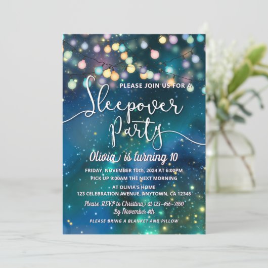 Sleepover Party Galaxy String Lights Blauwe Verjaa Kaart (Staand voorkant)