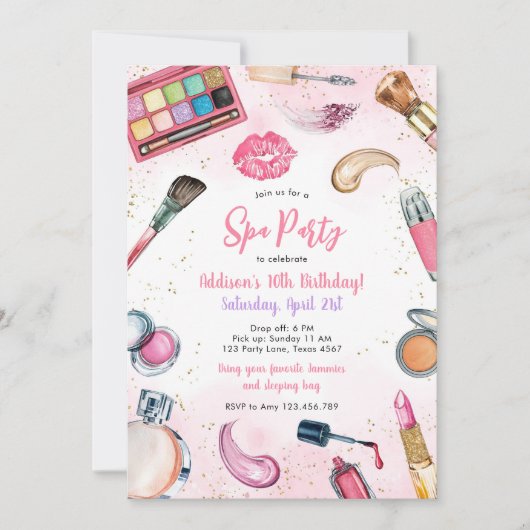 Sleepover Party Girl Spa Pink Birthday Invitation Kaart (Voorkant)