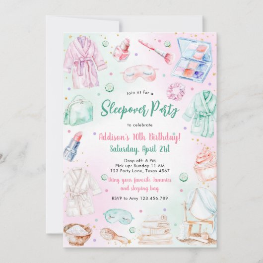 Sleepover Party Girl Spa Pink Birthday Invitation Kaart (Voorkant)