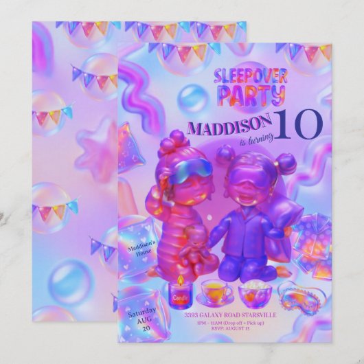 Sleepover Party Invitation | Girl Pajama Birthday Kaart (Voorkant / Achterkant)