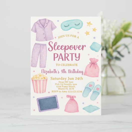 Sleepover Party Verjaardag uitnodiging (Staand voorkant)