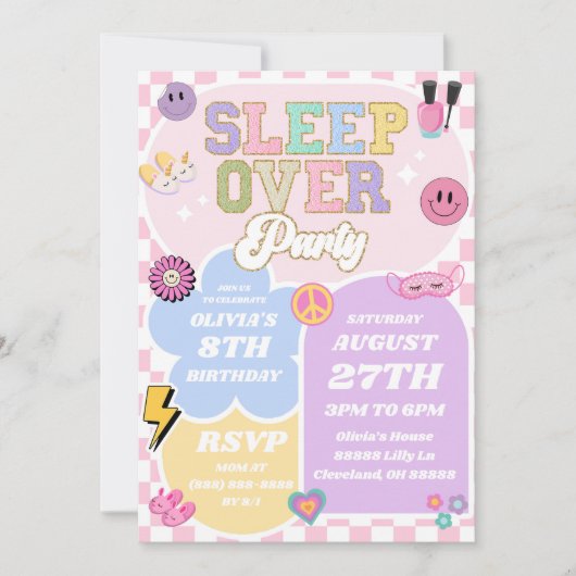 Sleepover Preppy Varsity Patch verjaardagsfeestje Kaart (Voorkant)