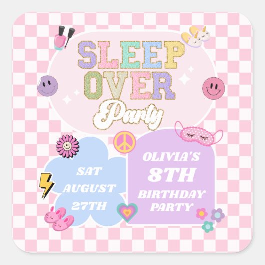 Sleepover Preppy Varsity Patch verjaardagsfeestje Vierkante Sticker (Voorkant)