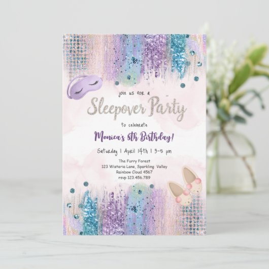 Sleepover pyjama tiener verjaardagsfeestje kaart (Staand voorkant)