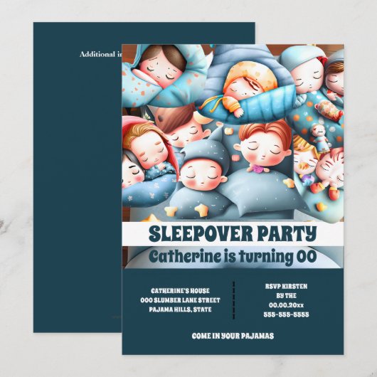 Sleepover slapen kinder sluimer pyjama cartoon ple kaart (Voorkant / Achterkant)